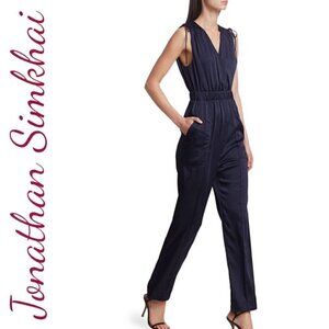 NWT JONATHAN SIMKHAI Nora V-Neck Sleeveless Silky Jumpsuit Navy Blue, Size XS